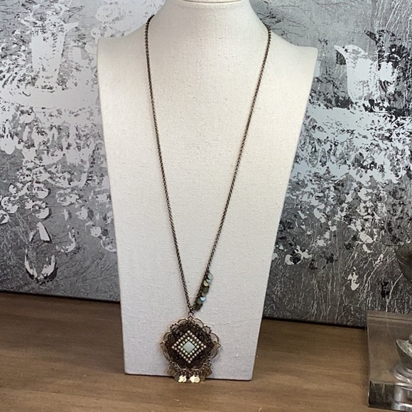 Chico’s Gold Pink Green Pendant with Dangle Necklace - Picture 3 of 4